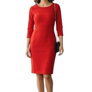 Studio One New York Shift Dress Size 14 Stretch Knee Length Red 3l4 Sleeve